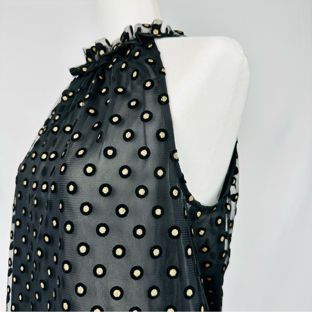 LOFT Metallic Gold Clip Dot Polka Dot Black Ruffle Yoke  Sleeveless Blouse XS